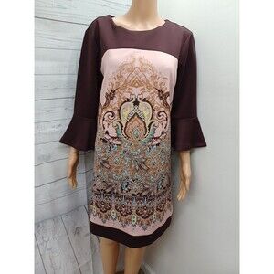 New York & Company Womens Dress Pink Brown Paisley Bell Sleeve Sheath Tunic Sz L